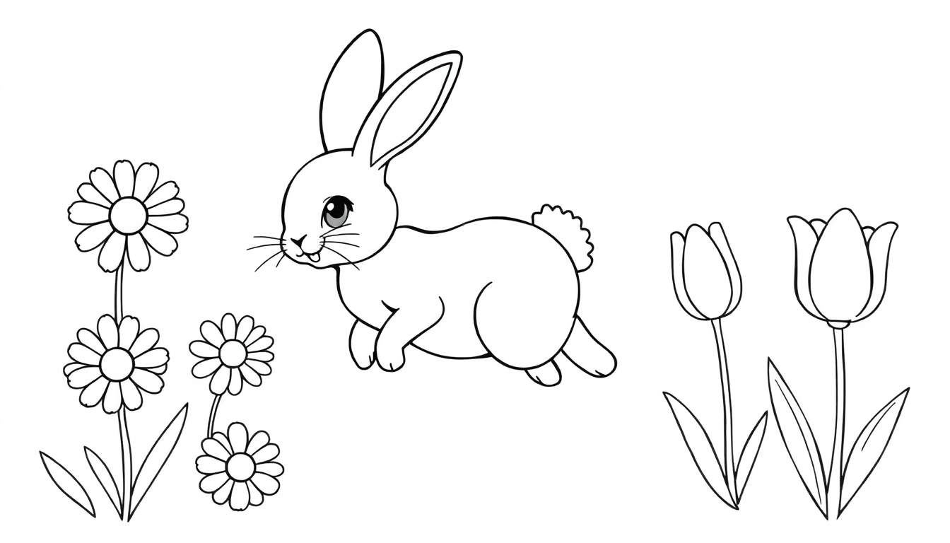 Una placa de color con un dibujo lineal en blanco y negro de un conejito corriendo en un campo de margaritas y tulipanes.
