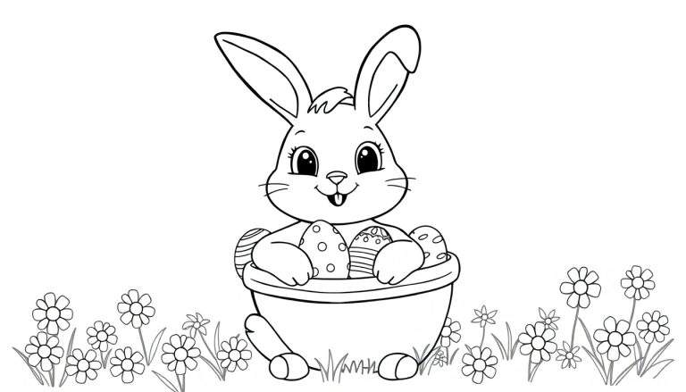 Placa de conejito de Pascua para colorear en una cesta de huevos.