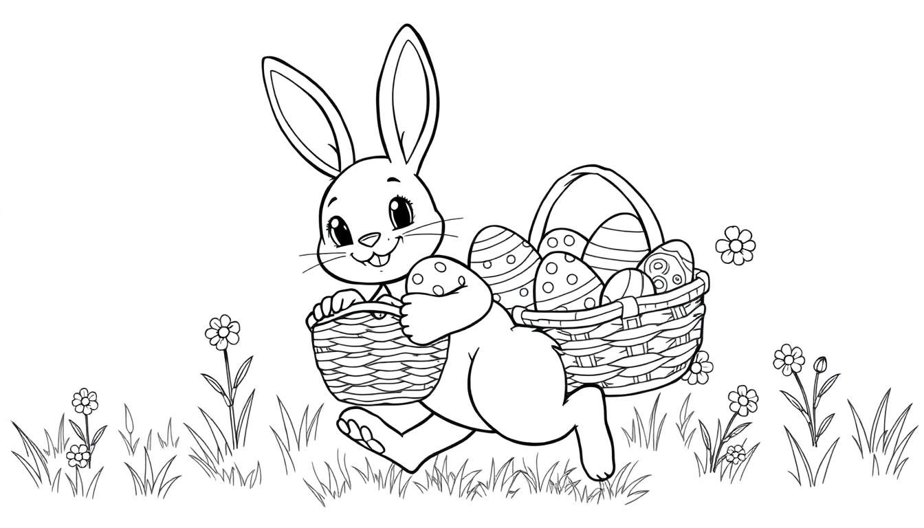 Placa de color: Conejito de Pascua con cestas de huevos de colores para colorear.