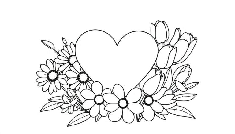 Placa de color con un corazón rodeado de margaritas y tulipanes.