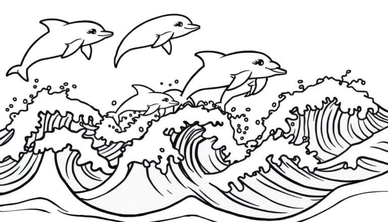Placa de color con delfines saltando sobre olas.