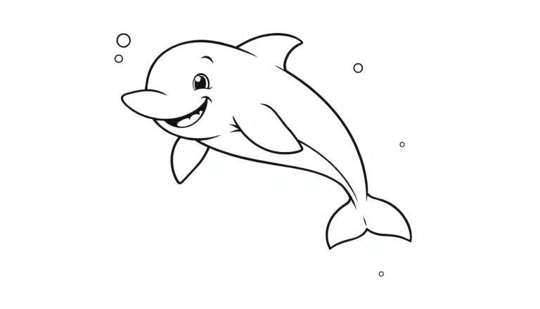 Un dibujo para colorear de un delfín sonriente con burbujas, listo para añadirle color.