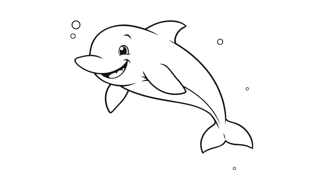 Un dibujo para colorear de un delfín sonriente con burbujas, listo para añadirle color.
