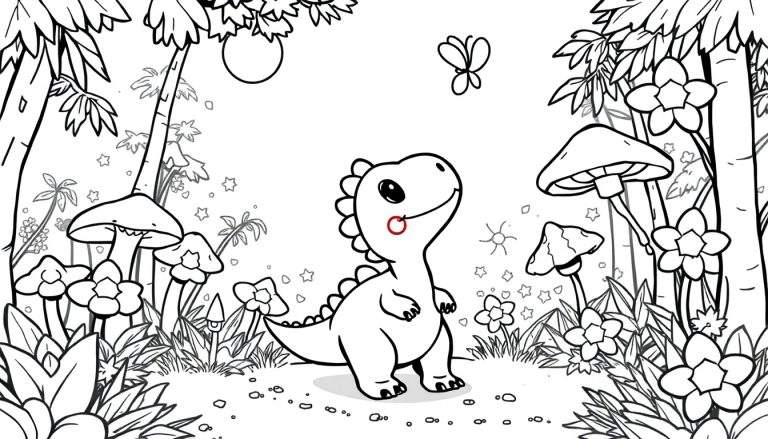 Placa de color de un dinosaurio chibi explorando un bosque con flores, hongos y mariposas.