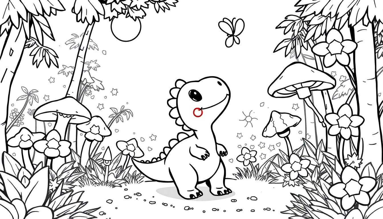 Placa de color de un dinosaurio chibi explorando un bosque con flores, hongos y mariposas.