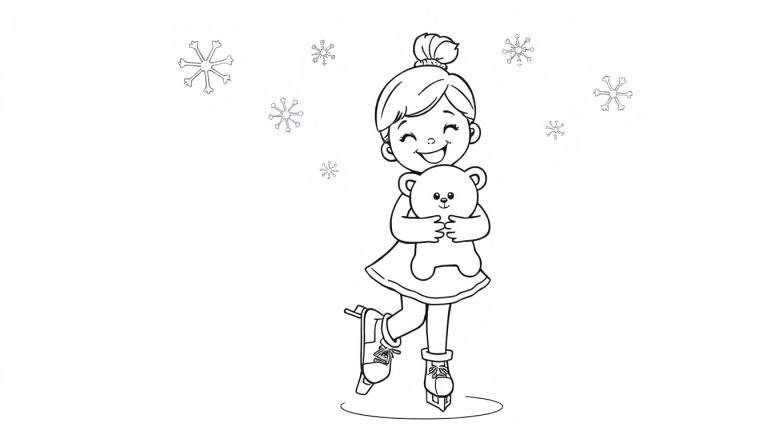 Niña coloreando una placa, patinando feliz con su oso de peluche.