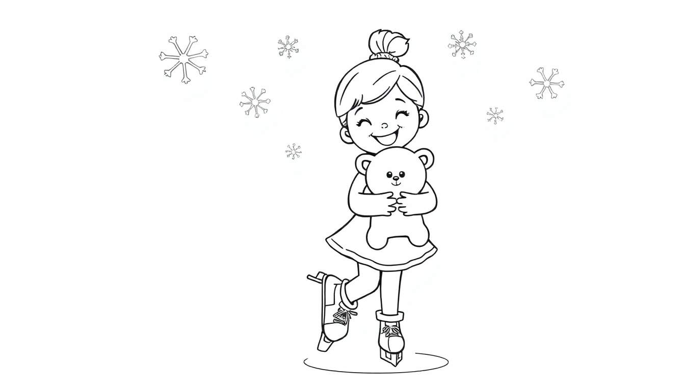 Niña coloreando una placa, patinando feliz con su oso de peluche.