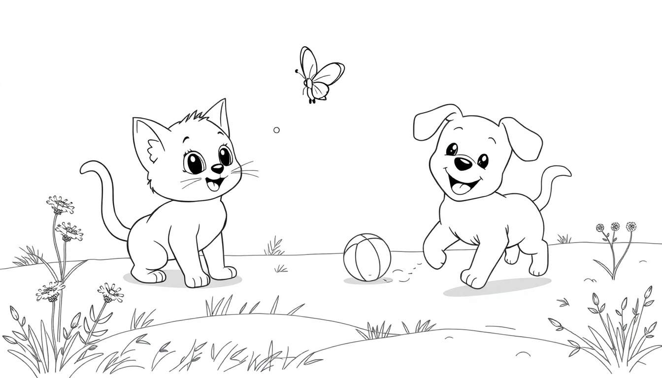 Placa de color con un gatito y un perrito jugando en un parque soleado.