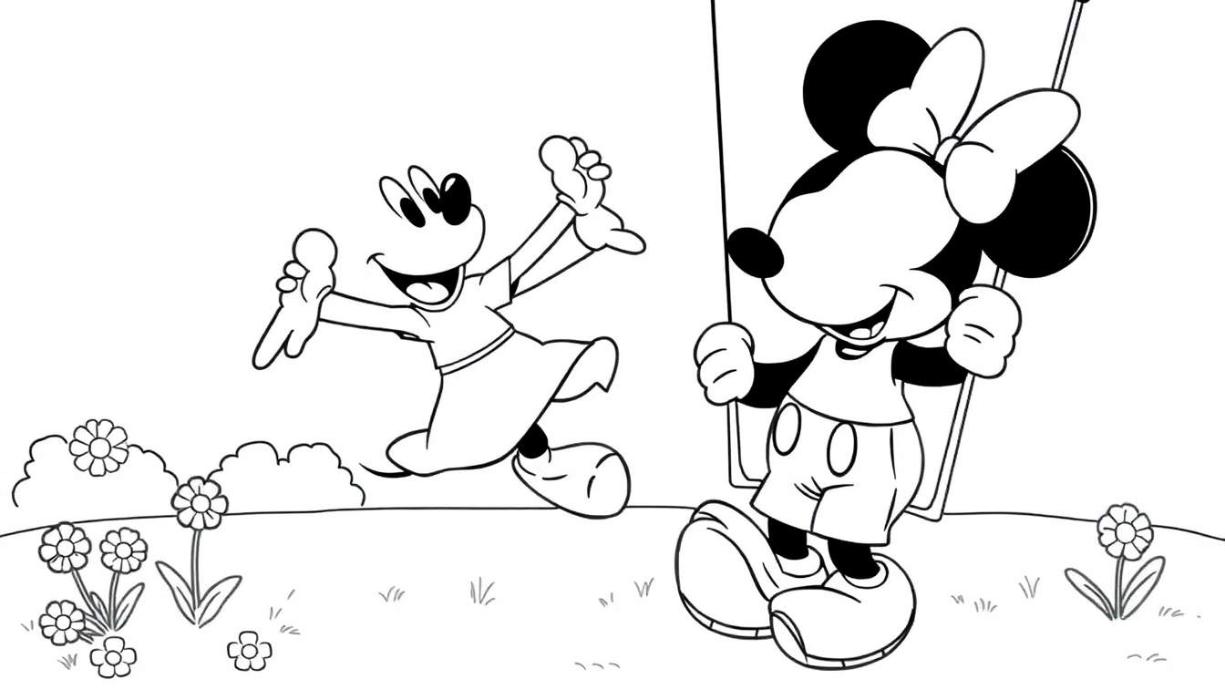 Placa de color de Mickey y Minnie Mouse en un columpio en un parque.