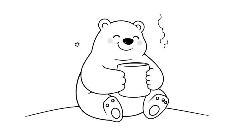 Placa de color: Oso polar sonriente con una taza caliente.