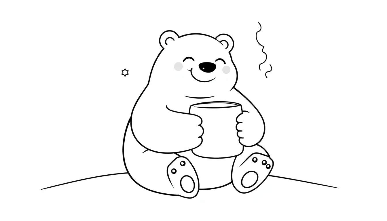 Placa de color: Oso polar sonriente con una taza caliente.