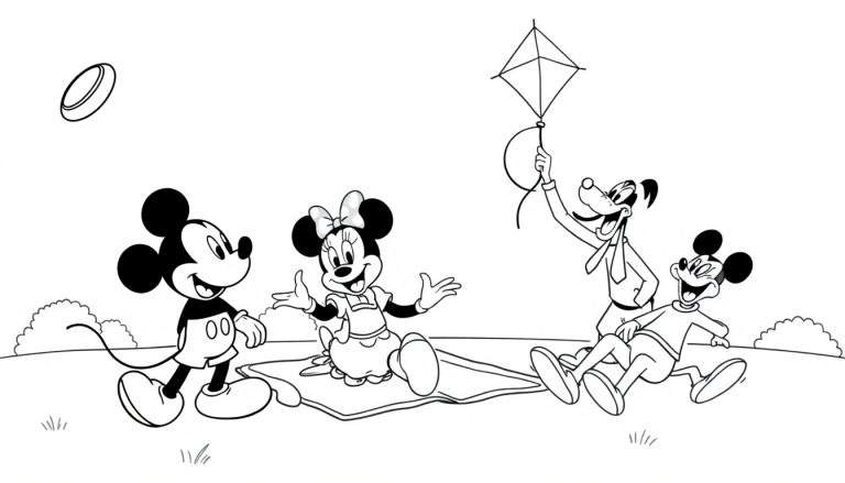 Placa de color en blanco y negro de Mickey Mouse y amigos en un picnic.