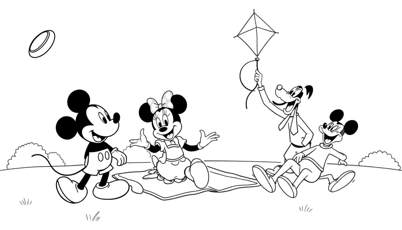 Placa de color en blanco y negro de Mickey Mouse y amigos en un picnic.