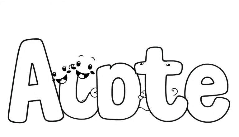 Placa de color con la palabra Acote en letras de burbuja, cada letra con personajes sonrientes aferrándose a ellas, estilo infantil en blanco y negro.
