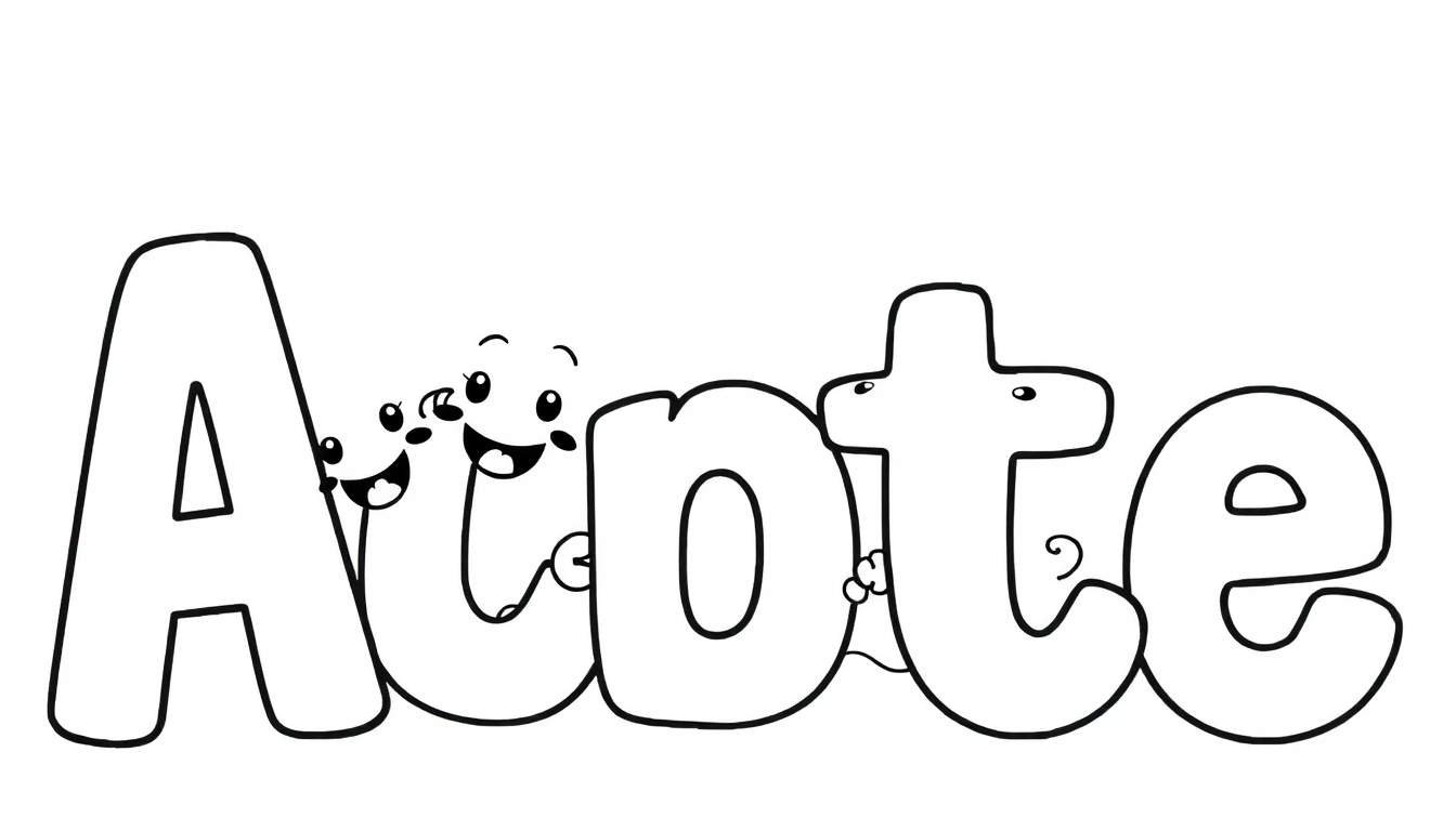 Placa de color con la palabra Acote en letras de burbuja, cada letra con personajes sonrientes aferrándose a ellas, estilo infantil en blanco y negro.