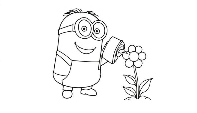 Placa de color: Minion regando una flor.