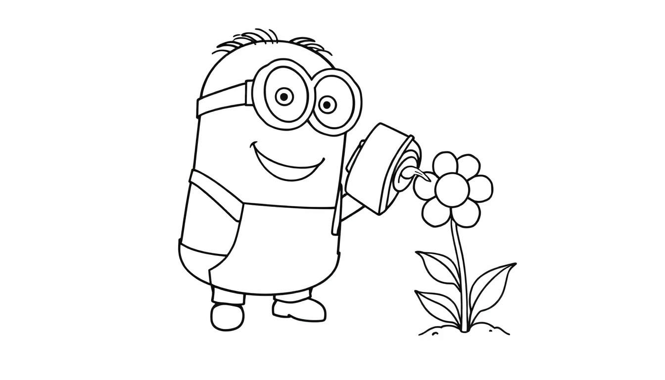 Placa de color: Minion regando una flor.