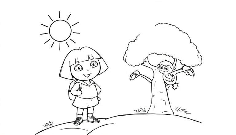Placa de color de Dora la Exploradora y Boots sonriendo bajo el sol.
