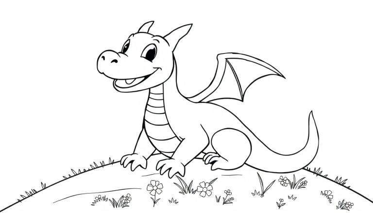 Una placa de color con un dragón de dibujos animados sonriente.