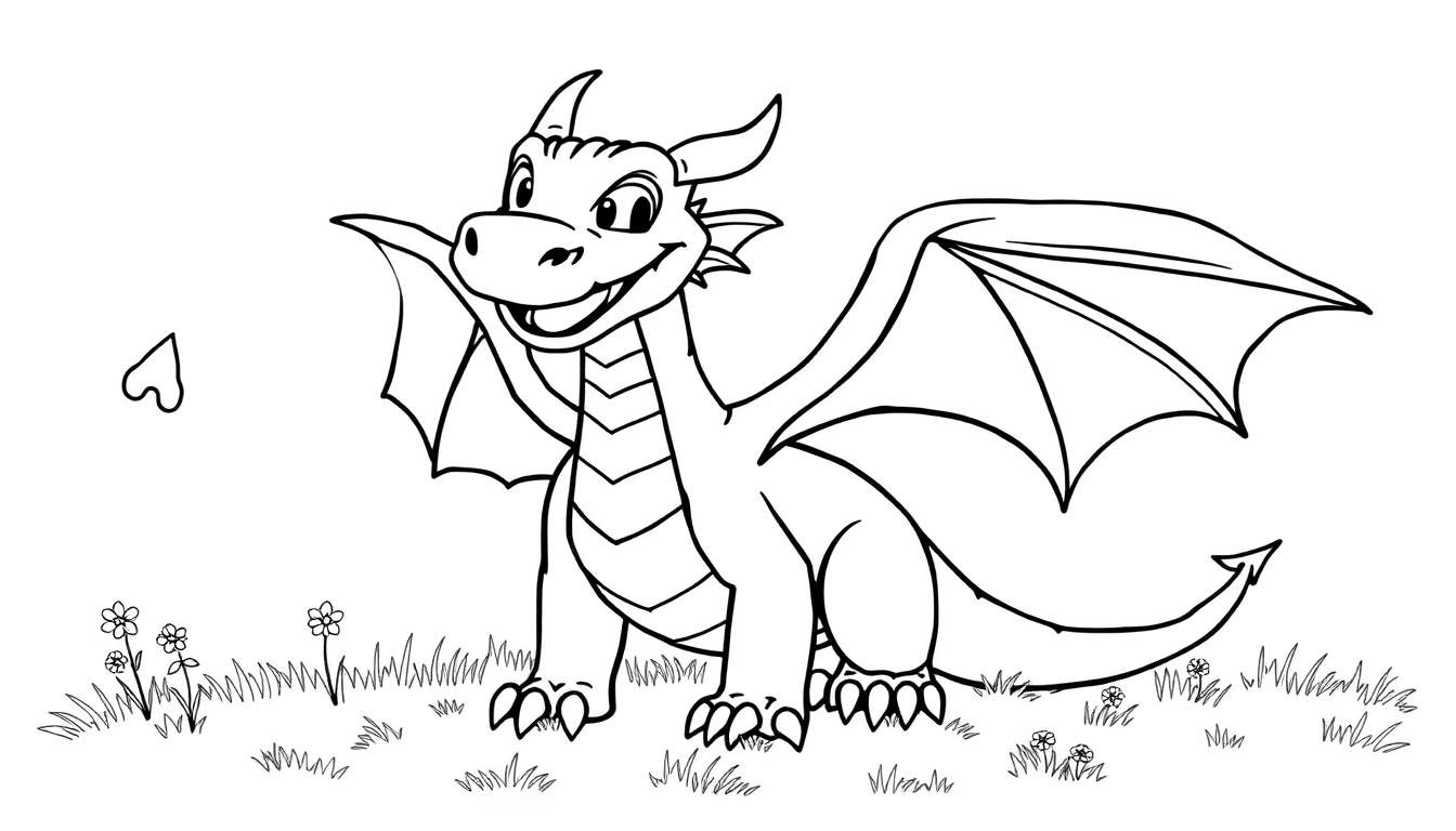 Placa de color de un dragón amigable de dibujos animados en un campo de flores.