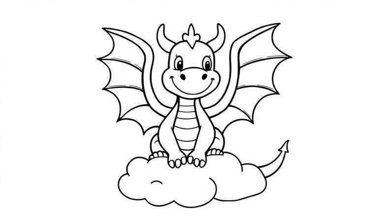 Un lindo dragón amigable sentado en una nube, listo para colorear en una placa de color.