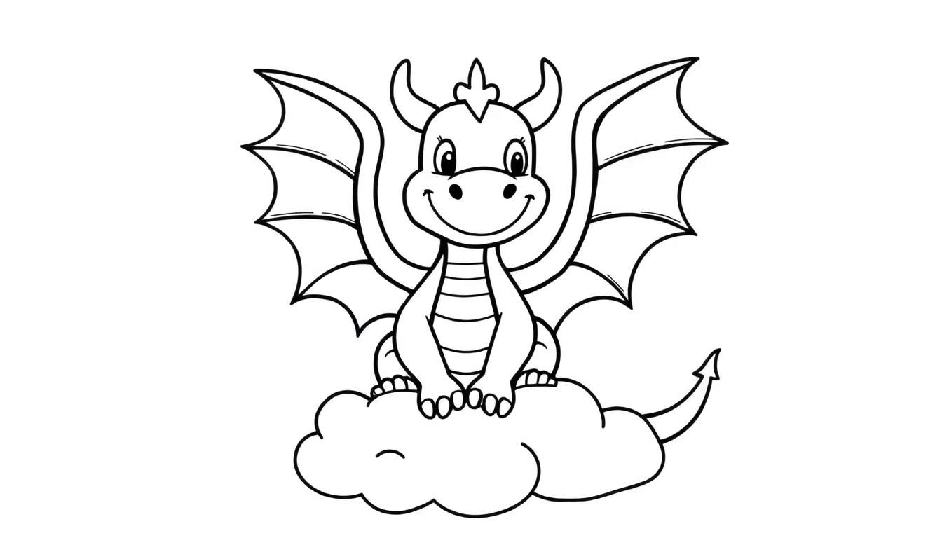 Un lindo dragón amigable sentado en una nube, listo para colorear en una placa de color.