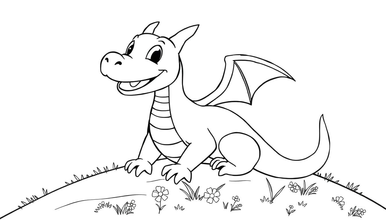 Una placa de color con un dragón de dibujos animados sonriente.