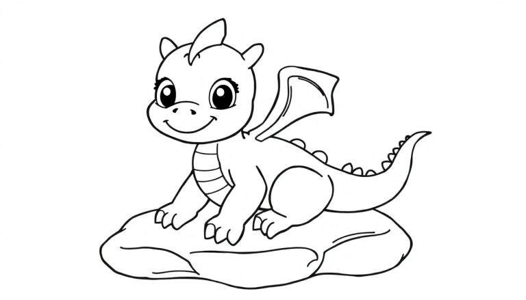 Placa de color con un dragón bebé sonriente sobre una roca.