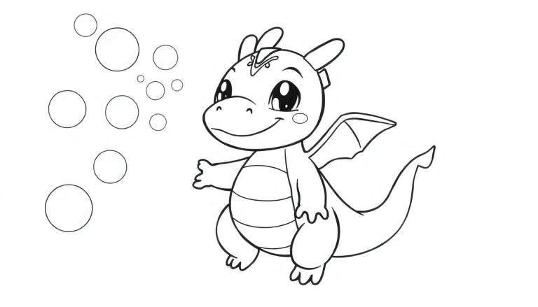 Placa de color de un adorable dragón Chibi jugando con burbujas.