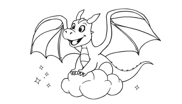 Placa de color de un dragón amigable con alas extendidas sentado en una nube con estrellas.