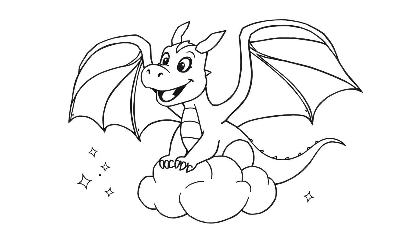 Placa de color de un dragón amigable con alas extendidas sentado en una nube con estrellas.