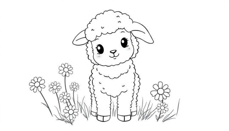 Una placa de color de una linda oveja de dibujos animados en un campo de flores.