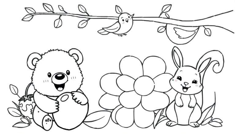 Placa de color con un oso de peluche abrazando una esfera, un conejo sonriente y pájaros en una rama.