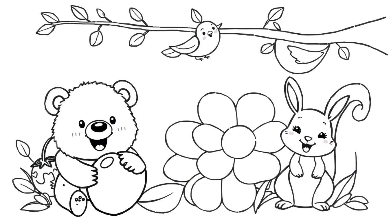 Placa de color con un oso de peluche abrazando una esfera, un conejo sonriente y pájaros en una rama.