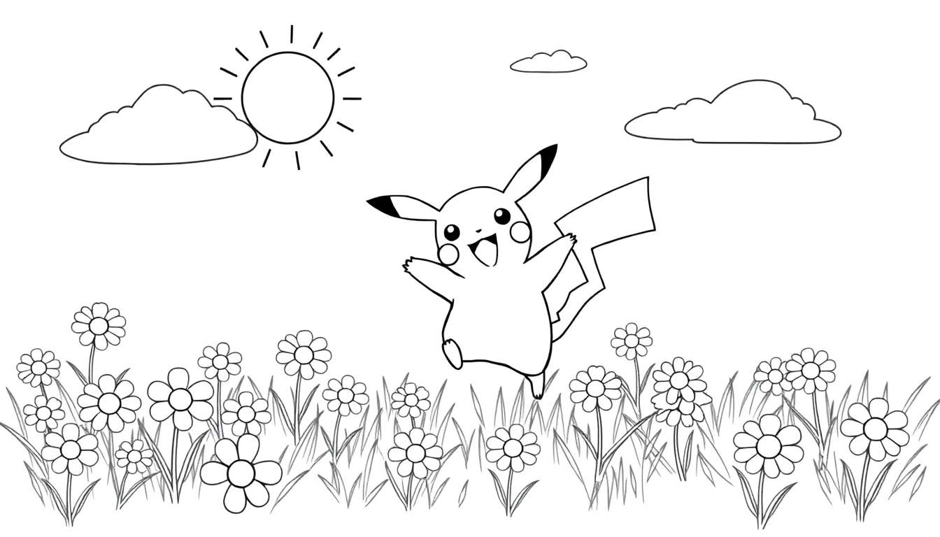 Placa de color de Pikachu saltando en un prado soleado.