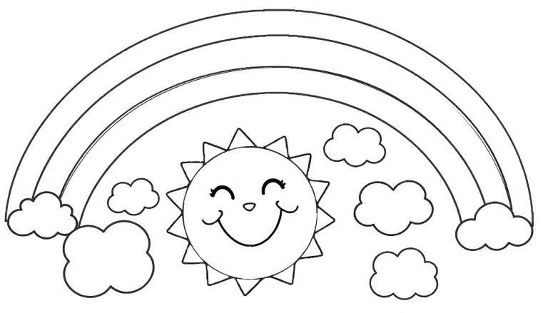 Placa de color con un sol sonriente, nubes y arcoíris.