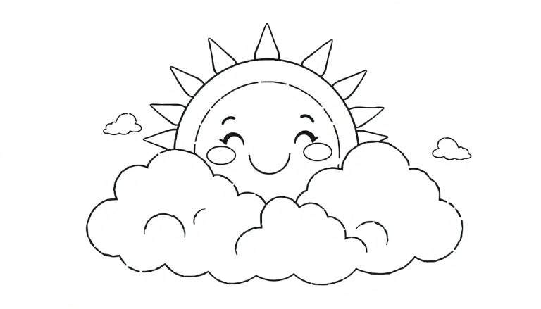 Placa de color: Sol sonriente asomándose entre nubes esponjosas.