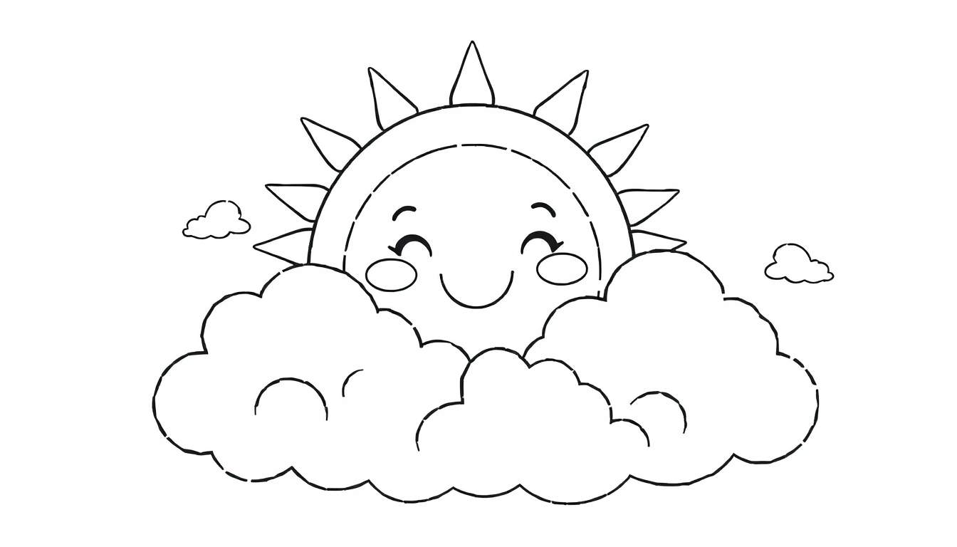 Placa de color: Sol sonriente asomándose entre nubes esponjosas.