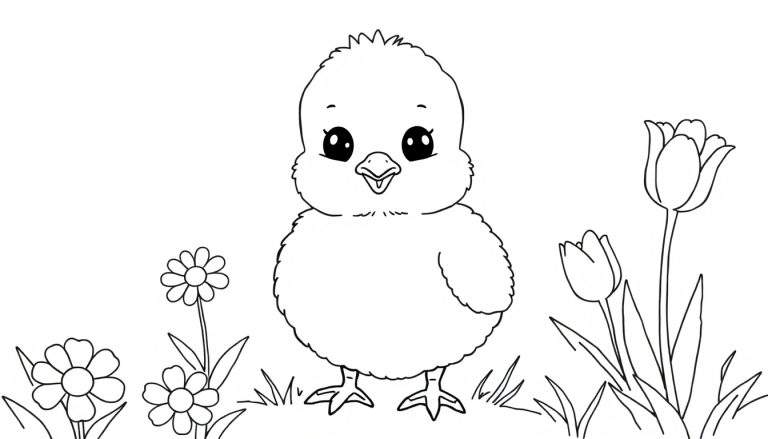 Placa de color de un pollito esponjoso en un campo de flores de margarita y tulipán.