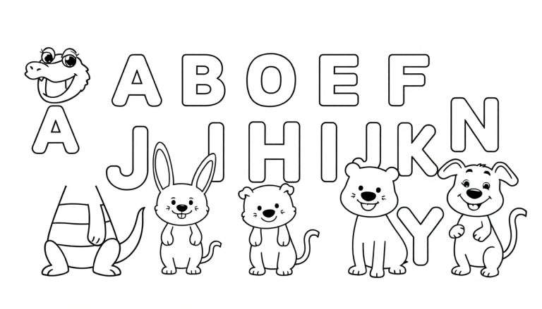 Placa de color con un alfabeto ilustrado en blanco y negro de animales y objetos.
