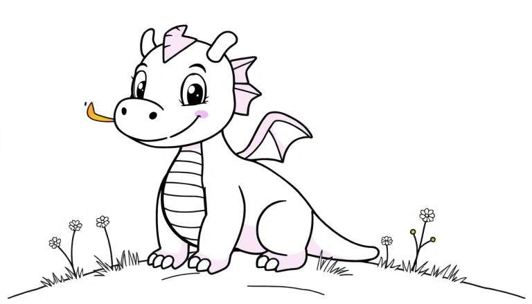 Placa de color de un dragón bebé blanco y rosa amigable sentado en la hierba.
