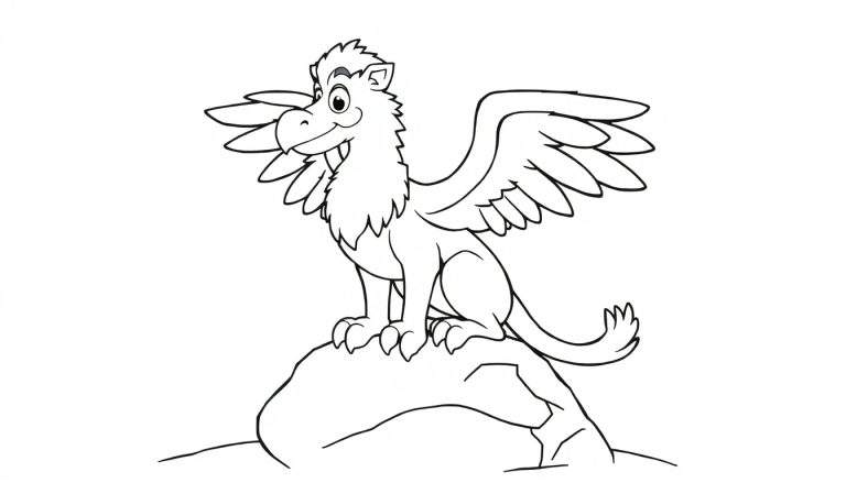 Un grifo amigable de dibujos animados, listo para volar, con alas grandes y cola de león, en una página para colorear en blanco y negro.