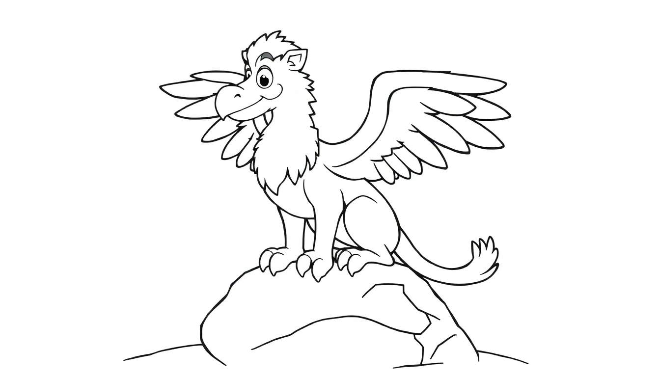 Un grifo amigable de dibujos animados, listo para volar, con alas grandes y cola de león, en una página para colorear en blanco y negro.