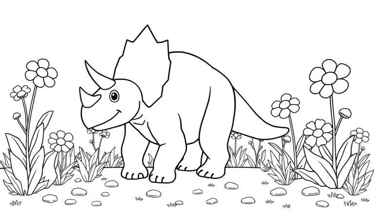 Un triceratops sonriente listo para ser coloreado en una placa de color con flores.