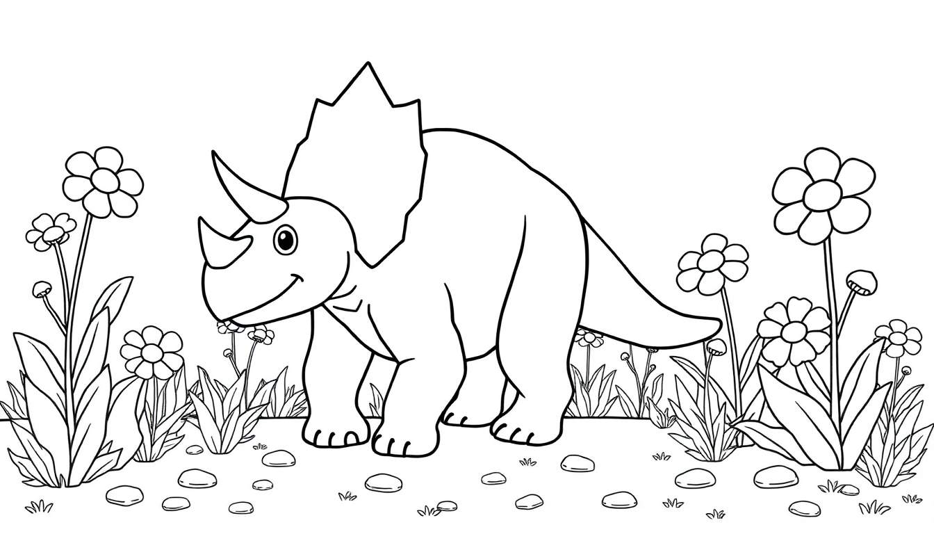 Un triceratops sonriente listo para ser coloreado en una placa de color con flores.
