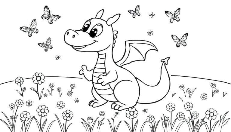 Placa de color: un dragón amigable sonriendo rodeado de flores y mariposas.