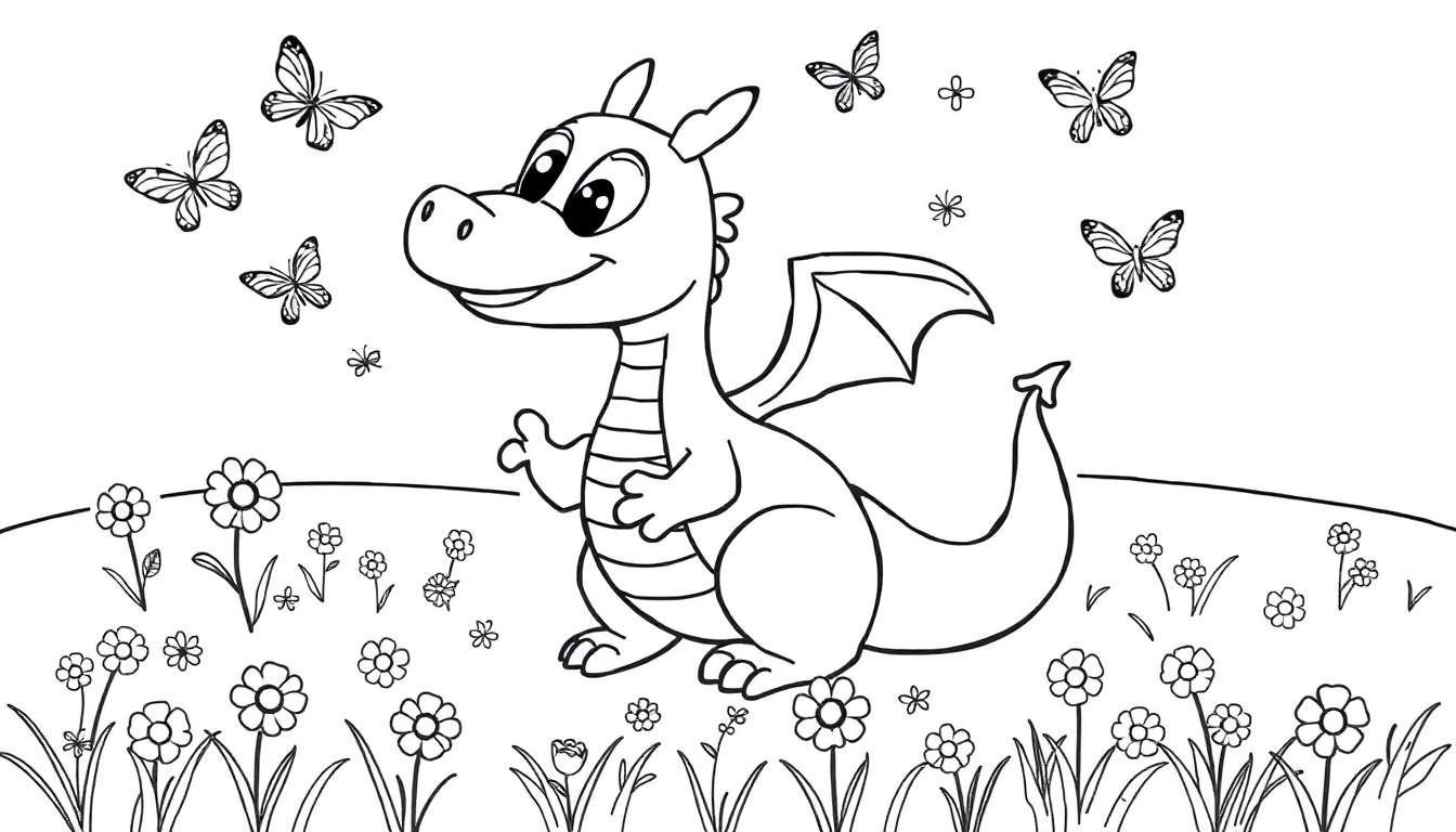 Placa de color: un dragón amigable sonriendo rodeado de flores y mariposas.