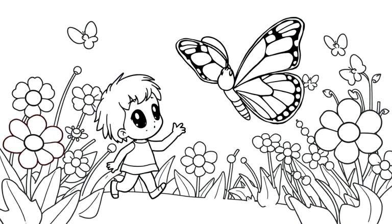 Niño corriendo hacia mariposa en un campo de flores, para colorear