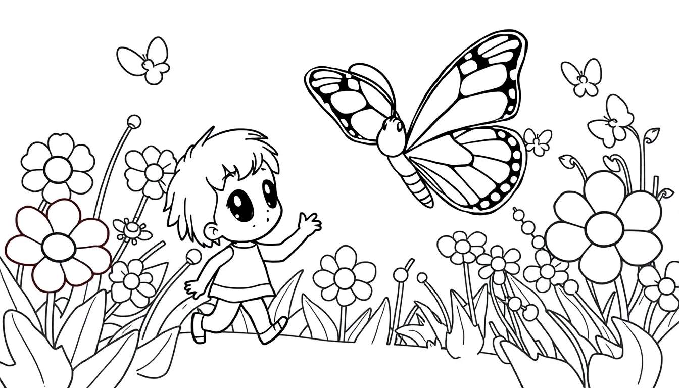 Niño corriendo hacia mariposa en un campo de flores, para colorear