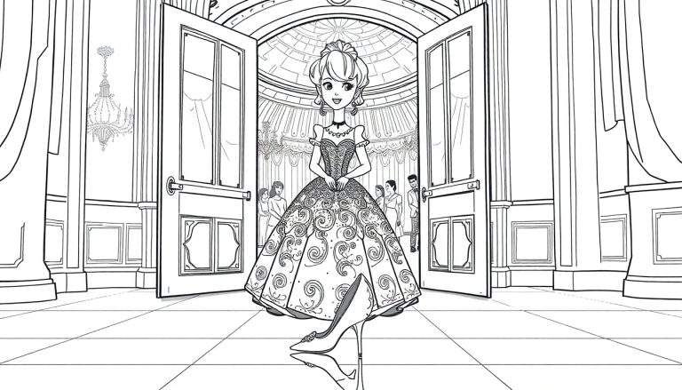 Placa de color de Cenicienta lista para el baile, con su tacón de aguja reflejado en el suelo pulido.